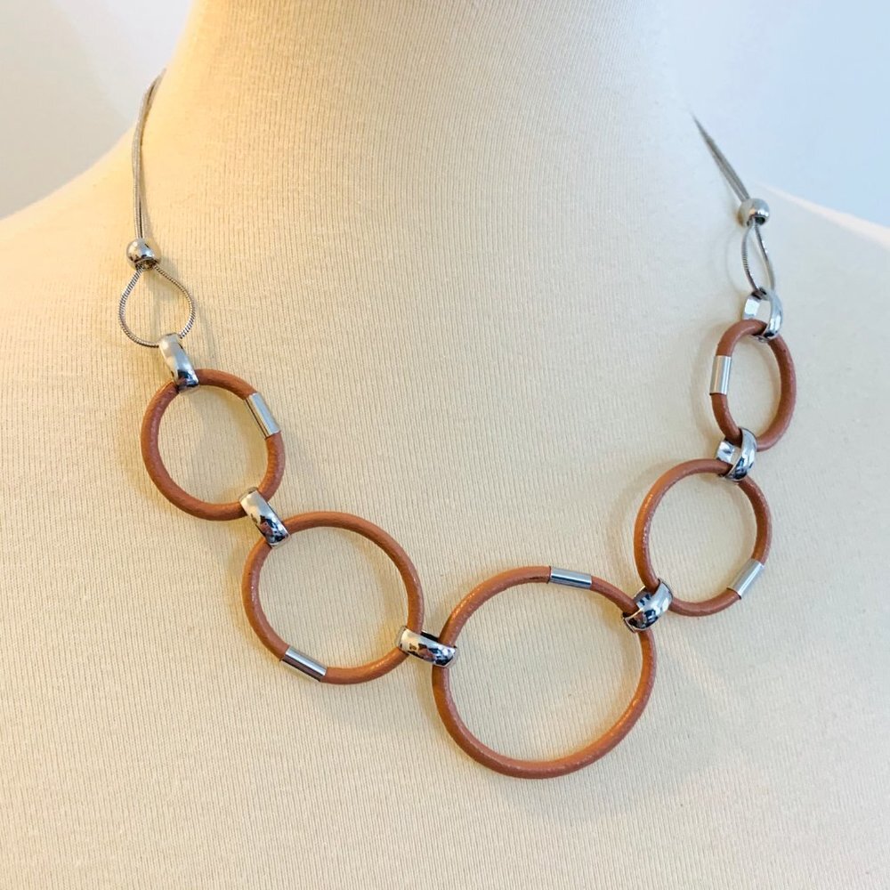 Tan Leather + Silver Link Adjustable Necklace - Picture 4 of 7